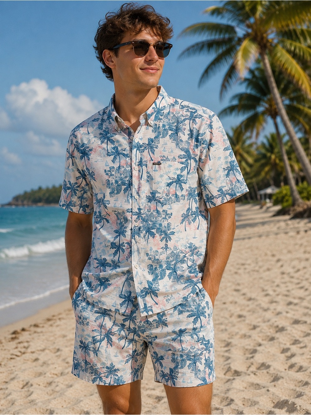 Vintage Summer Men's 2-Pc Co-Ord Swim Set Sz Small White Blue Tropical Palm Tree